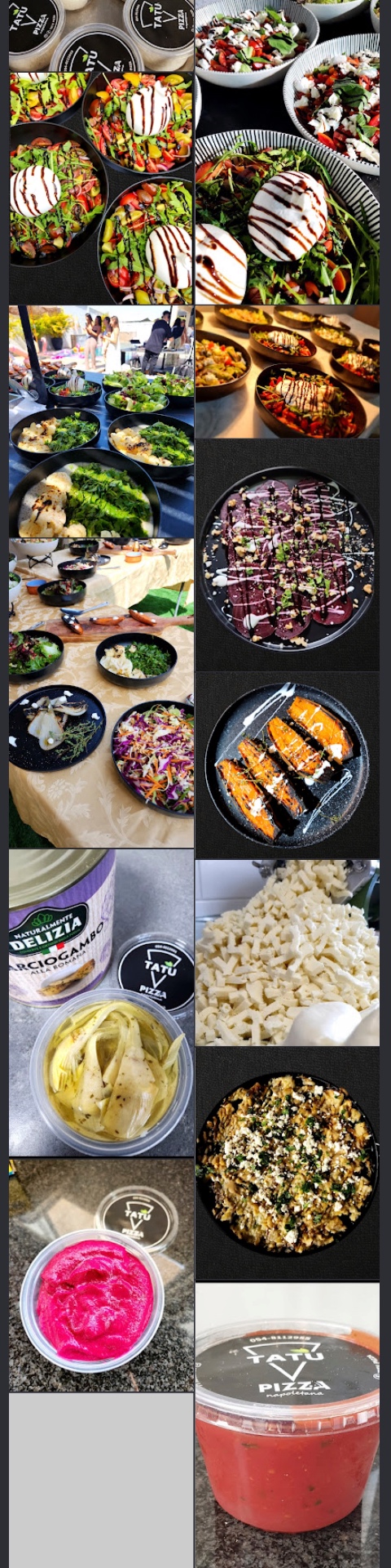 מגוון סלטים, חציל בלאדי, קרם סלק וגבינות מתפריט הקייטרינג של תאתו פיצה